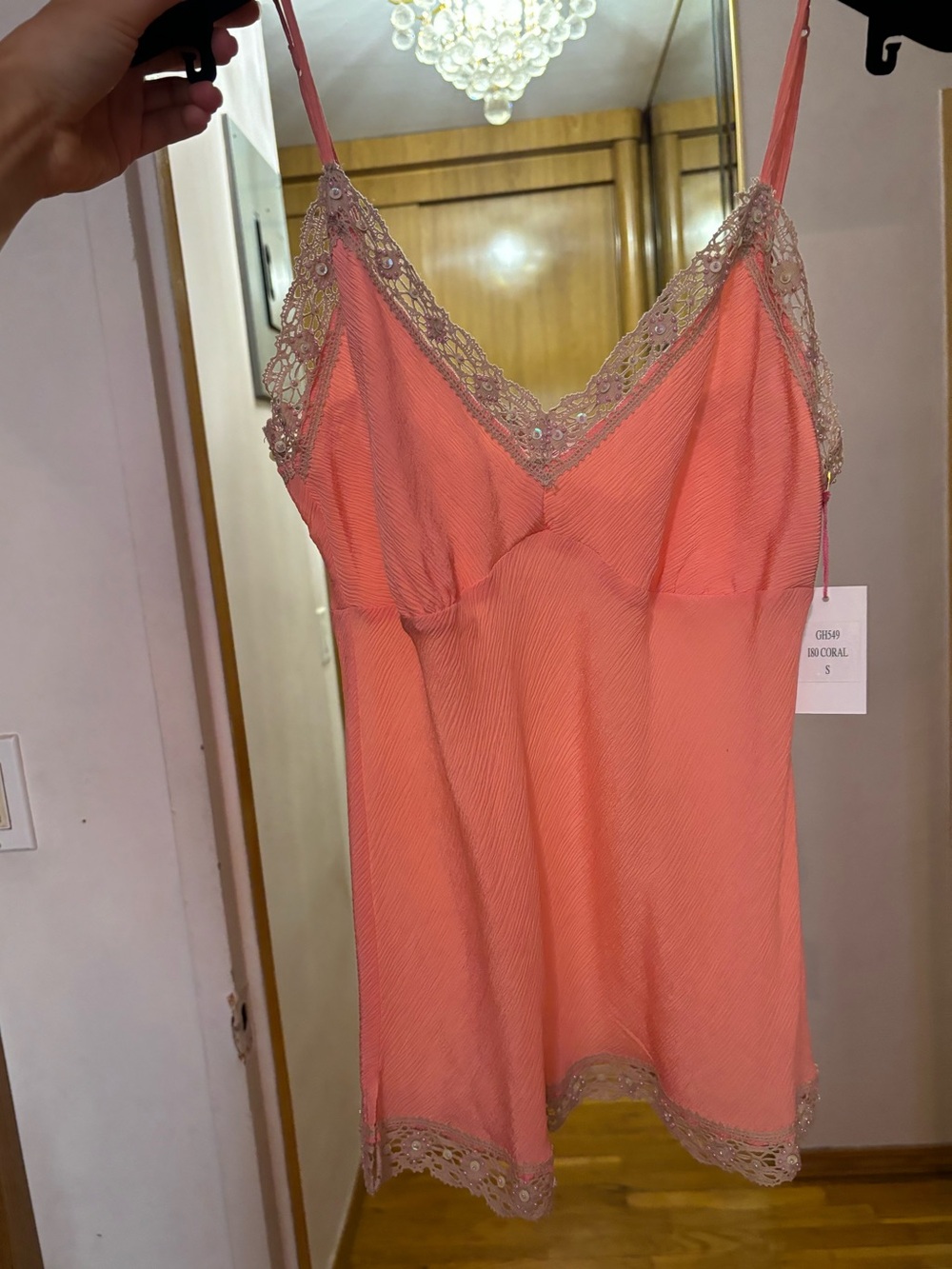 New Silk 100% size S Coral Peach Lace-Trim Tank Top Nude Sequin